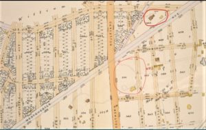 The Brightside estate (in bottom red circle) and the Foxhurst estate (top red circle) are shown in this 1887 map. The triangular lot occupied by the Foxhurst estate was called Fox's Corners. Most of the lots during this time were either vacant or occupied by large estates.