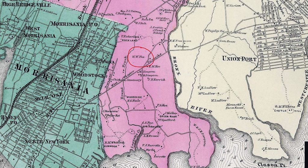 William W. Fox's property is circled in red on this 1867 map. 