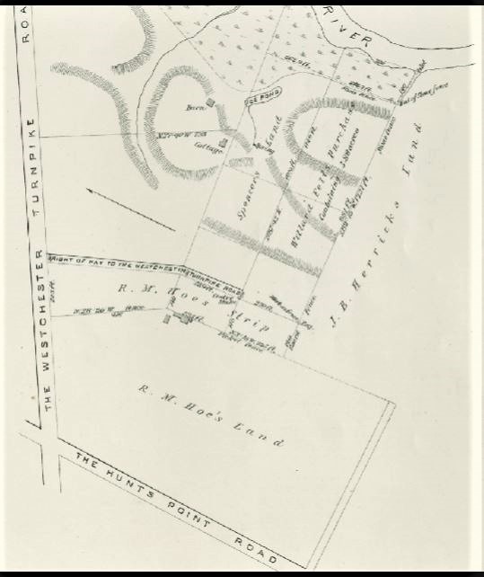 Here's another old map (about 1888) of Richard Hoe's land (back then, Southern Boulevard was part of the Hunt Point's Road, which is now called Hunts Point Avenue). 