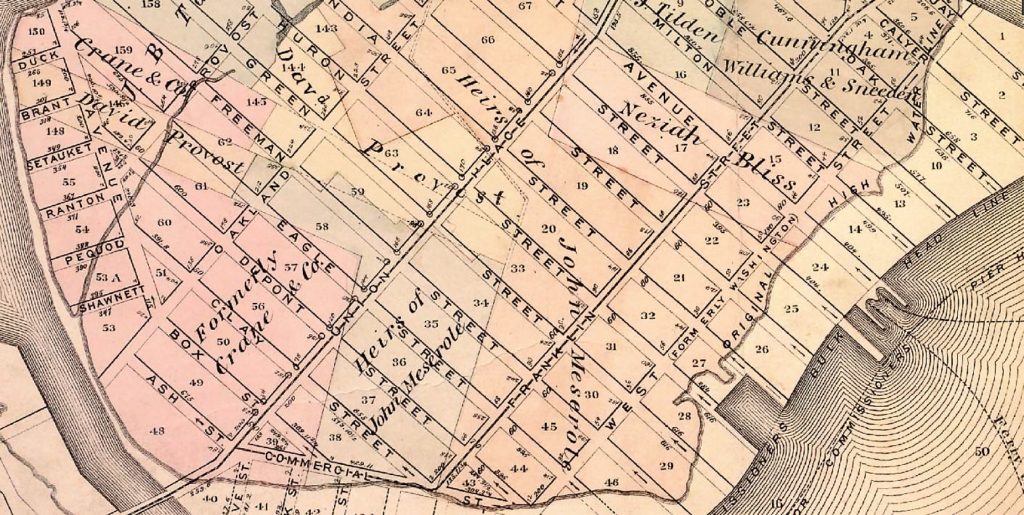 This 1874 Brooklyn farm map shows all the land owned by Neziah Bliss, including the old Meserole and Provost farms. 