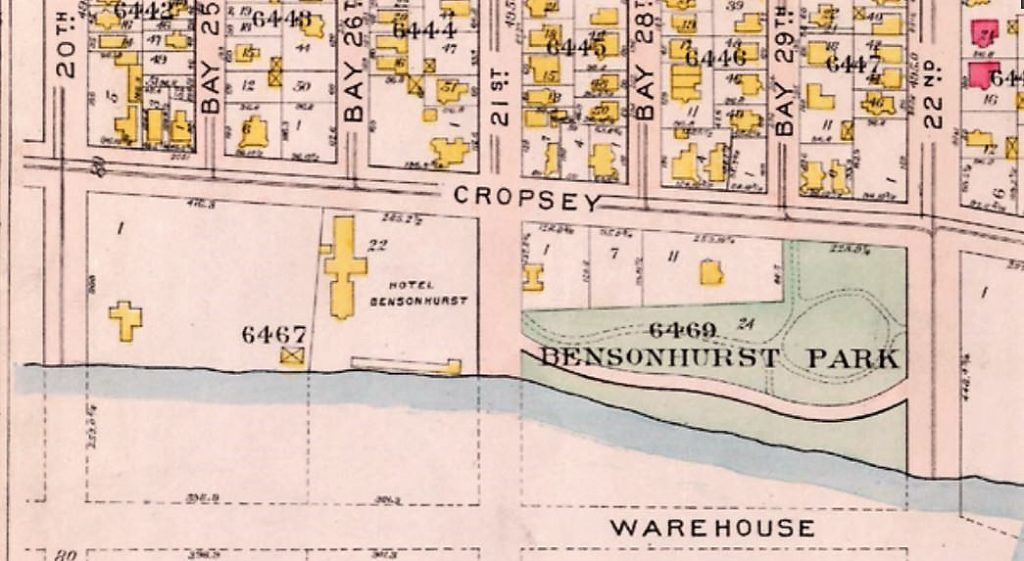 On this map, the hotel is labeled the Hotel Bensonhurst. The building appears to be a bit larger than non the map above.