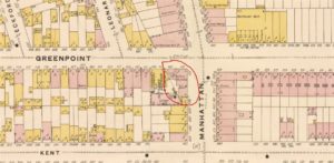 The Greenpoint Avenue police station and jail as noted on this 1887 map.