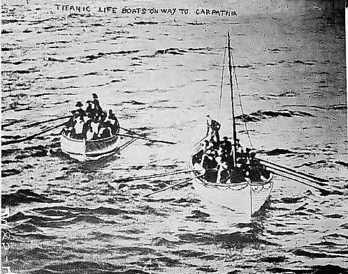 Titanic lifeboats make their way to the Carpathia. Library of Congress.