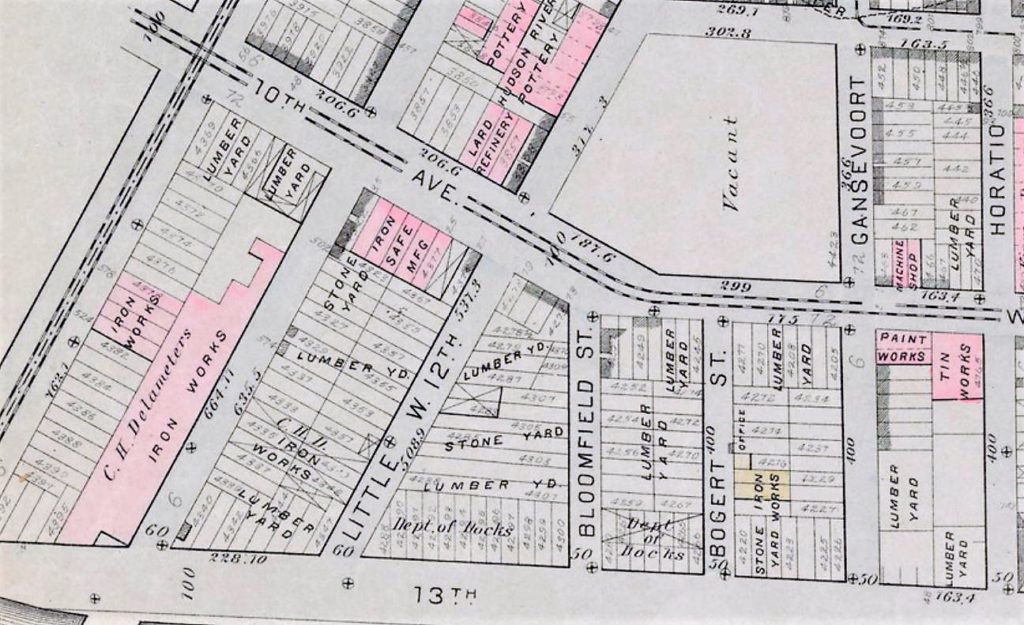 : In condemning the land, numerous run-down waterfront structures, including those associated with iron works and lumber yards shown on this 1879 map, were demolished. 