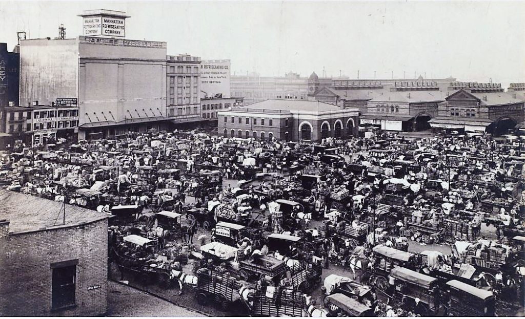 Produce wagons fill the Gansevoort Farmers' Market in the early 1900s. New York Public Library Digital Collections