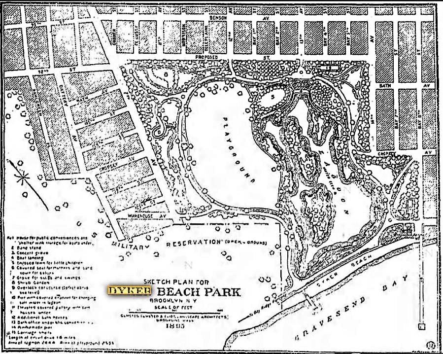 Here's a sketch of the original plans (1895) for a public park at Dyker Meadows. 