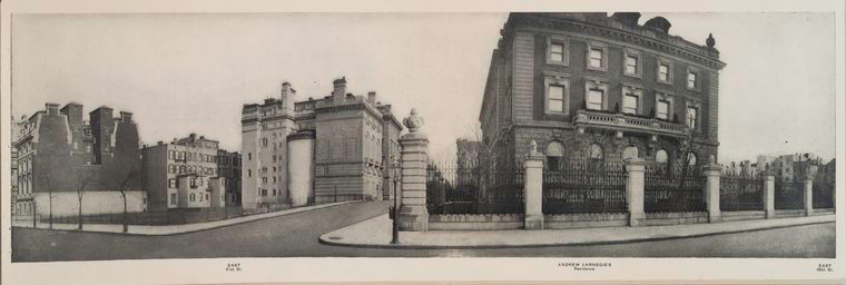 Carnegie Hill was named for Andrew Carnegie, who completed his mansion (right) at 91st Street and Fifth Avenue in 1901. The mansion was the first American residence to have a steel frame and among the first to have a private Otis Elevator and central heating. NYPL Digital Collections. 