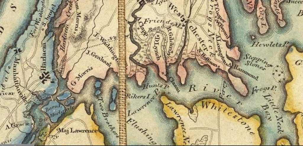 On this 1811 map, you can see the location of Gouverneur Morris' estate at the southern tip of the Bronx (center left of map). 