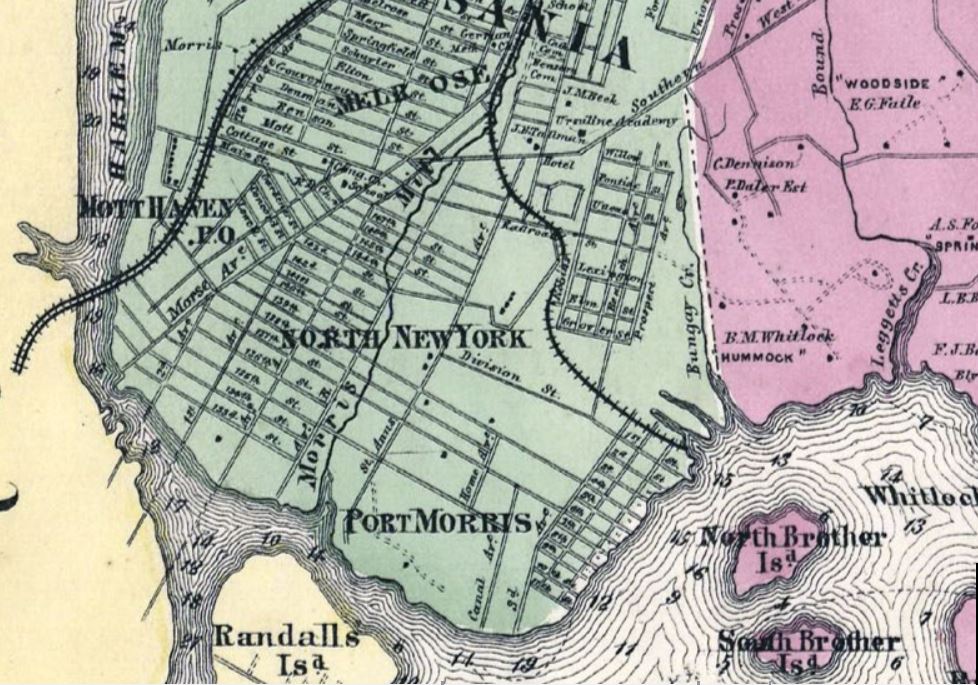 Saint Ann's Avenue is noted on this 1867 map of Port Morris; however, the street has not yet been developed.