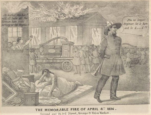Firemen flipped their caps and went on strike during the Union Market fire of 1836, resulting in the loss of many buildings on Avenue D, Second, and Third Streets.