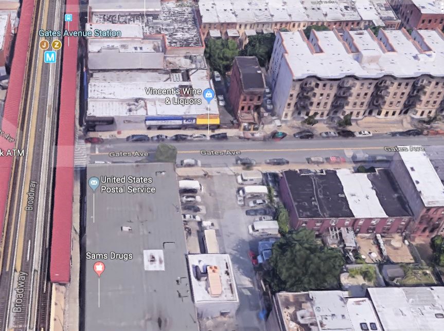 aerial view of Broadway and Gates Avenue, Brooklyn, where the cigar shop was located