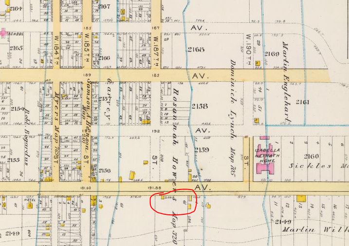 The ladies of the Society to Befriend Domestic Animals rented an old farmhouse and two stables, possibly the three yellow structures on Amsterdam Avenue between 185th Street and 187th Street. Click here for a more detailed look at Washington Heights in 1891. 