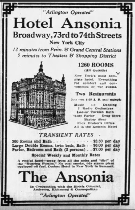 Ansonia Hotel July 1926 ad