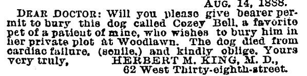 Letter for Cozey Bell, Woodlawn Cemetery, New York Times, August 15, 1888