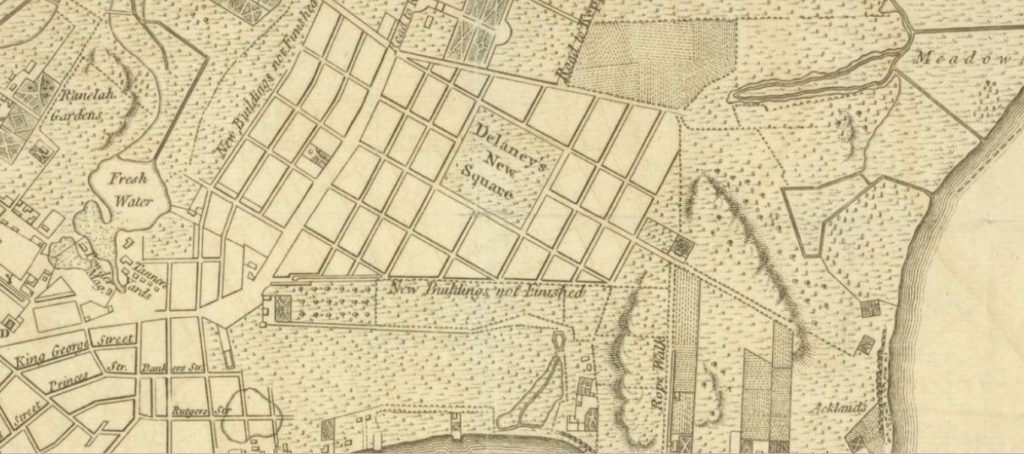 The gridded Delancey farm and Delancey's Square is noted on this 1776 map. Forsyth Street is not named on this map. 