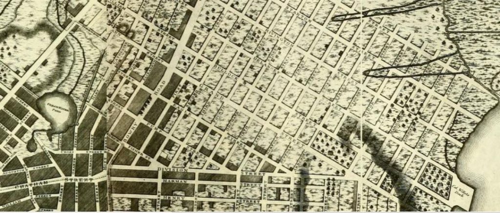 On this 18th-century map published in the Iconography of New York, the original street names, including First, Second, and Third Streets, are labeled. Second Street is now Forsyth Street. 