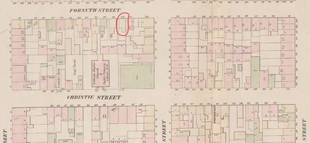 On this map published in 1852, 139 Forsyth Street was still a small frame building surrounded by other frame buildings as well as a few stone and brick structures. 