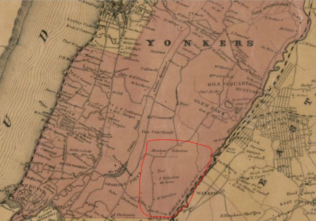 The land that Absalom Peters purchased for the Woodlawn Cemetery included the farms of Abraham, John, and William Valentine. This land is circled in red on this 1858 map of Westchester County.  