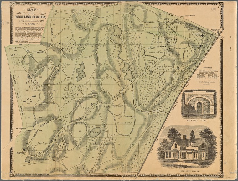 A map of Woodlawn Cemetery, published in 1870. New York Public Library Digital Collections