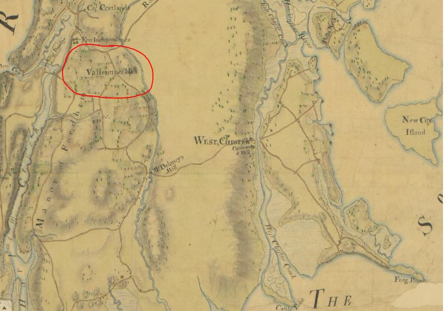 This 1778 map marks the approximately location of Isaac Valentine's Hill in Westchester County