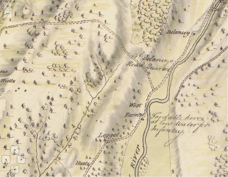 On this 1781 map, surveyed by Andrew Skinner and George Taylor by the order of  
General Sir Henry Clinton, the future site of Woodlawn Cemetery is occupied by Colonel De Lancey's headquarters and his other property along the Bronx River.