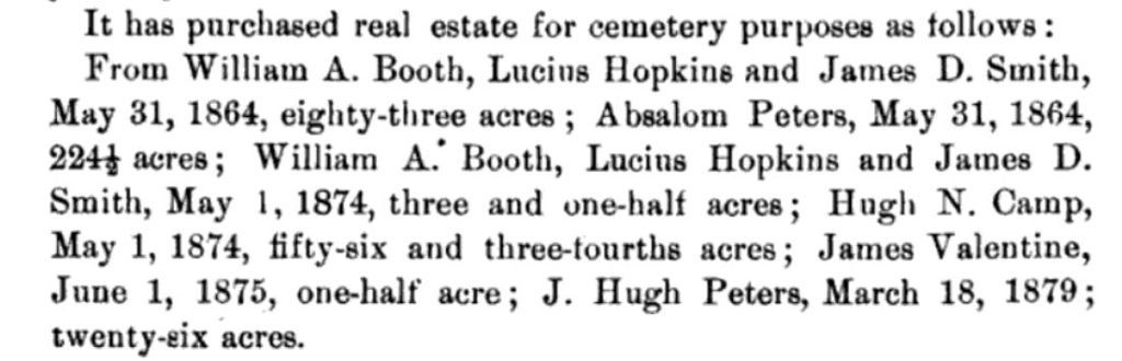 The trustees sold the following acreage to the Woodlawn Cemetery from 1864 to 1879