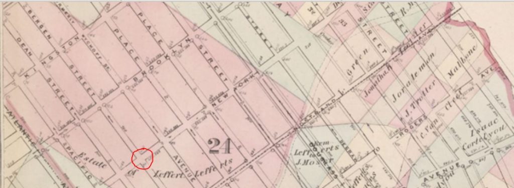 The Bergen Street trolley struck the milk truck at the intersection of New York Avenue and Bergen Street. All this land had once been owned by Leffert Lefferts, Jr., aka Judge Lefferts, the first judge of Kings County. (1874 map)  