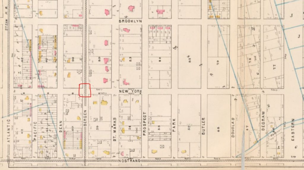 The milk truck accident occurred at the intersection of New York Avenue and Bergen Street, about five blocks southeast of the old Bedford Corners. As late as 1885, this property was owned by Leffert Lefferts, Jr. 