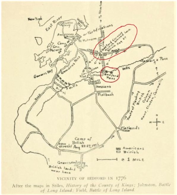 During the Revolutionary War, British soldiers called the hamlet Beford Pass. Several incidents during the Battle of Long Island in 1776 took place here, and many of the Dutch homes were occupied by British officers. From "Bedford Corners, Brooklyn," 1917. 