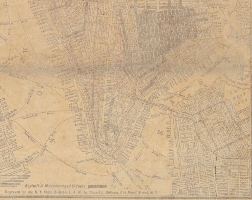 Cycling was all the rage during this era. There was even a New York Division, American League of Wheelmen, which published a cyclists' road map of New York in 1893, complete with details of every macadamized road suitable for cycling.  