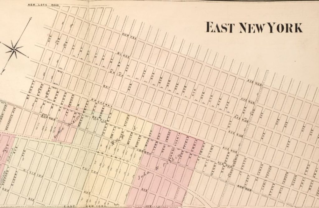 is 1874 map of East New York shows the small section of land that John Pitkin retained following the Panic of 1837. At this time, all of the roads were dirt roads, including main thoroughfares such as Broadway, Blake, and Union Avenues. 