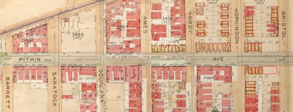 This map published in 1905 add notes about the streets which were now paved. Note that at this time, 1632-1640 Pitkin Avenue, where our fire-cat tale took place, have not yet been constructed (noted by my red circle on the far right). The majority of the surrounding buildings were frame structures with brick or stone foundations (yellow/pink) at this time. 