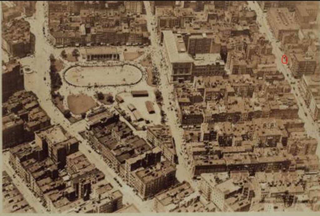 This aerial photograph of Seward Park was taken sometime prior to the late 1920s, which is when P.S. 62 Intermediate School at Essex, Hester, and Norfolk Streets was razed in preparation of the Sixth Avenue Subway construction. The site of the school was later replaced by the Seward Park Oval on Essex Street. The red circle on the right marks the location of the bank at 362 Grand Street. 
