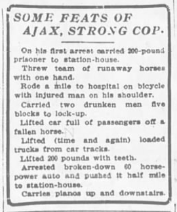 Ajax Whitman retired from the NYPD in 1920 at the age of 56, having served 26 years with the department. I guess we can scratch "Apprehending a dangerous cat burglar" from his list of proud feats. 