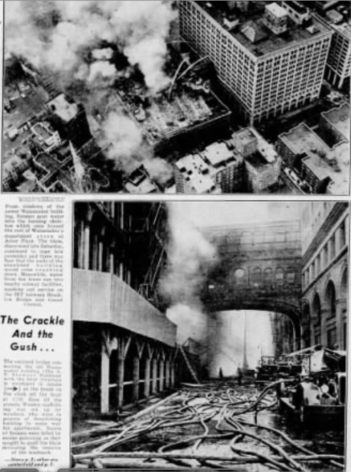 The five-alarm fire on July 15, 1956 gutted the old A.T. Stewart/Wanamaker's building and severely damaged the Astor Place subway station. 