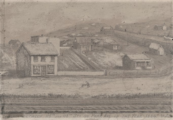  This illustration shows present-day Park Avenue between 115th and 116th Streets as it appeared in 1864. Perhaps our hero cat was a descendant of a barn cat on the Benson farm? Museum of the City of New York Collections 