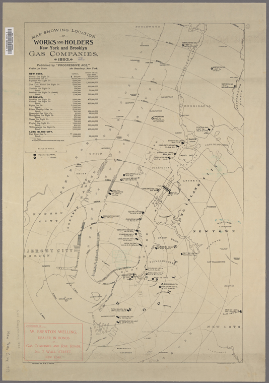 This 1893 gas companies map shows the location of New York City and Brooklyn industrial gas works and gas holders (tanks). New York Public Library Digital Collections 