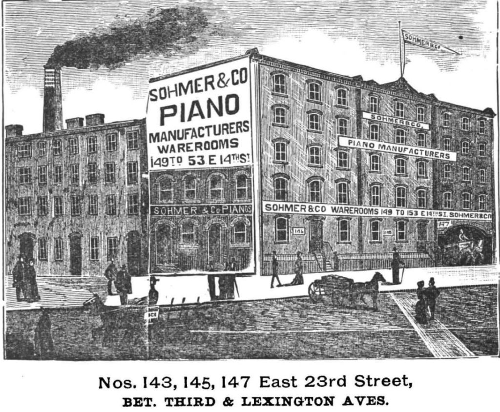 The thespian college occupied a five-story brick livery stable at 141 East 23rd Street, which may be the building on the far right in this illustration. 