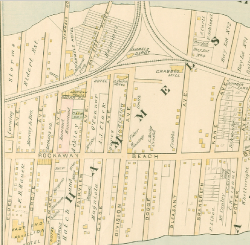 Hammels Hotel, Dock, and Depot are all noted at the top left of this circa 1881 map. Two rows of small frame houses line Beach 81st Street (Dodge Ave.) All of these streets, save for Rockaway Beach Boulevard, were renamed in 1920. 