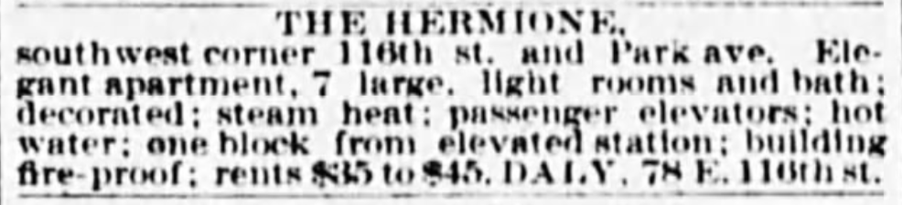 Here's another ad from the New York World, 1893. Note the Hermione building was fire-proof.