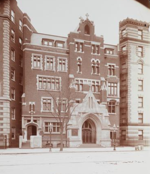 All Soul's Church -- previously the Church of the Archangel -- surrounded by the Carvel Court and Warwick apartment buildings, around 1908. Museum of the City of New York Collections