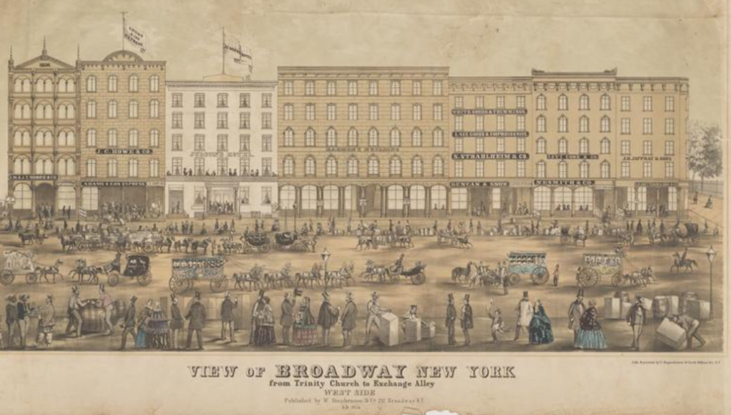 Express Row included all of these buildings on the west side of Broadway between Trinity Church at Rector Street and Exchange Alley. Notice the Adams Express flag atop the second building from the left. Circa 1854; Museum of the City of New York Collections.  