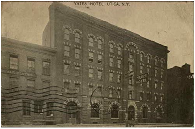 Yates Hotel, Utica, 1911
After jumping off the Brooklyn Bridge, Commissioner the police cat somehow made her way here from Brooklyn in 1908 to be with John Lussier. 