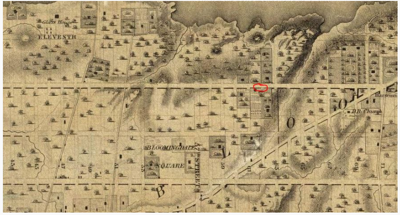 John Somarindyck’s house was located on Tenth Avenue between present-day 61st and 62nd Streets (near red circle ). His barn was on the east side of Tenth Avenue. John Low’s Woods, as they were called by those who picnicked there, lined the North (Hudson) River. (Low’s land west of 11th Avenue was still submerged at this time.) Stephen DeLancey’s hamlet, Bloomingdale Square, is also noted on this 1836 J.H. Colton map.