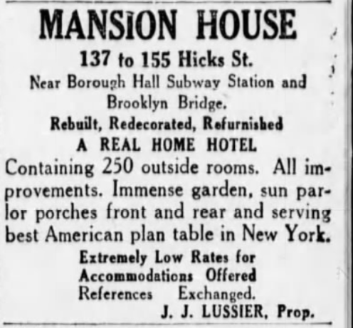 Mansion House advertisement, Brooklyn Daily Eagle, 1916
