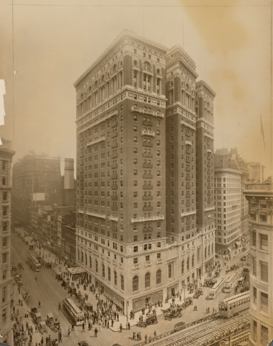 When the 25-story Hotel McAlpin at Herald Square (pictured here in 1929) opened in 1912, it was the largest hotel in the world. It was here that the Lions Club wanted to bring Sir Galahad the lion cub to a luncheon. Today it is an apartment building called Herald Towers. New York Public Library Digital Collections
