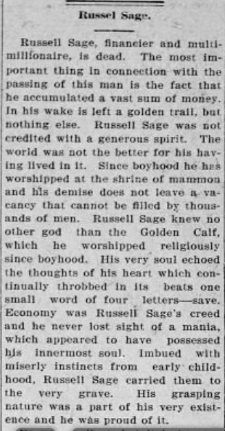 The Courier-News, Bridgewater, New Jersey. Russell Sage obituary. 