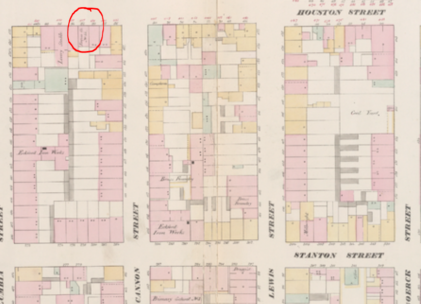 This 1852 map shows Engine Company 11 at 437 East Houston Street. Many of these streets were razed for the construction of the Baruch and Mayor Fiorello housing developments in the 1950s.