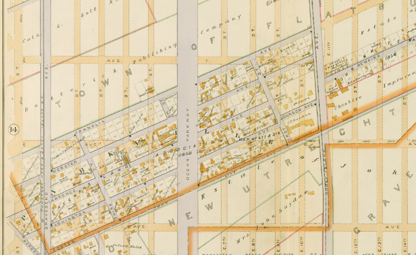 The village of Parkville followed a diagonal grid pattern. E. Robinson’s Atlas of Kings County, N.Y. New York: 1890.