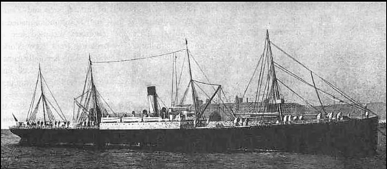 The White Star Line’s S.S. Bovic was intended for the Atlantic cattle trade (Liverpool to New York) and could carry about 1,050 cattle on the upper main deck. It also had special accommodation for horses.
